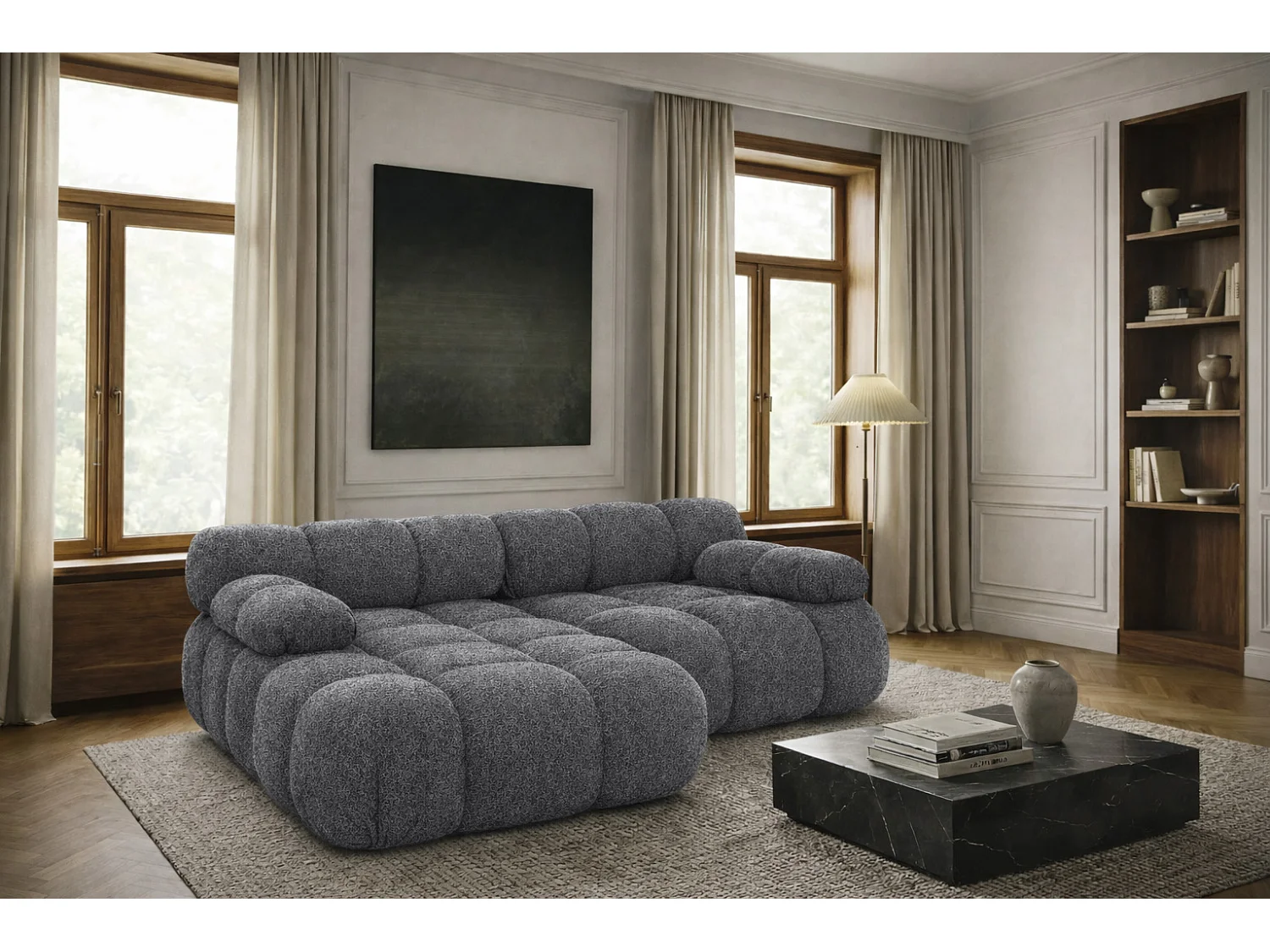 Divano angolare modulare a L Mini, tessuto bouclé Abriamo, Grigio scuro, Sinistro, Selia