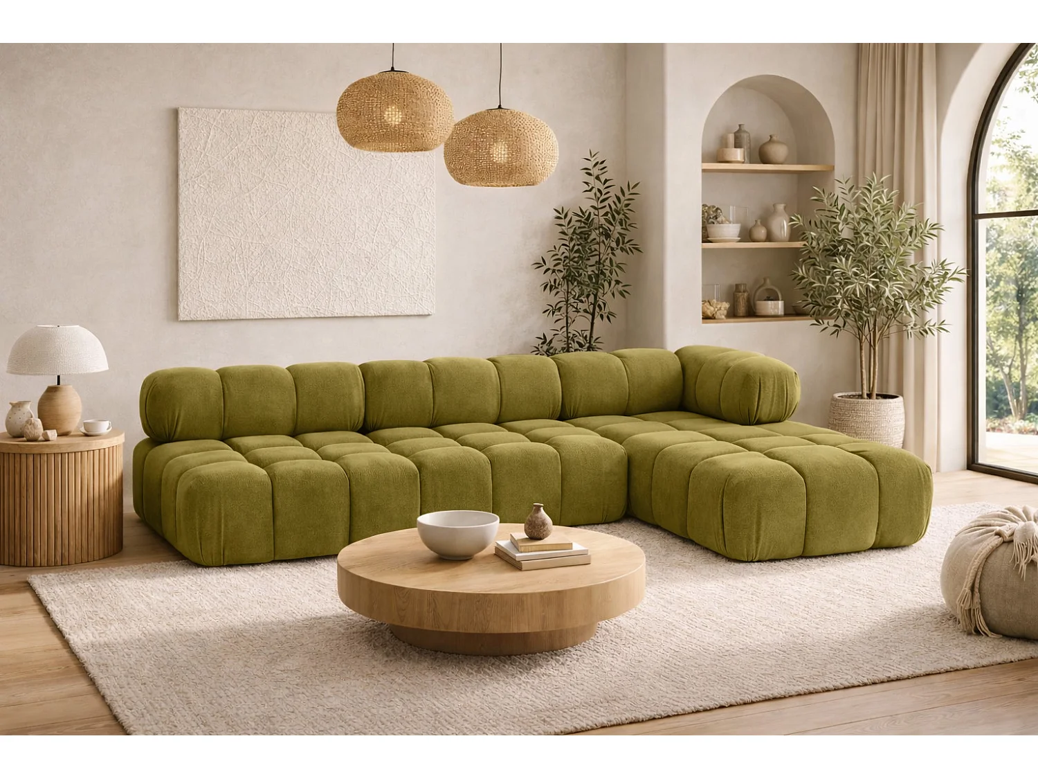 Ecksofa Modulare L-Form, Veloursstoff Salvador, Olive, Rechts, Selia