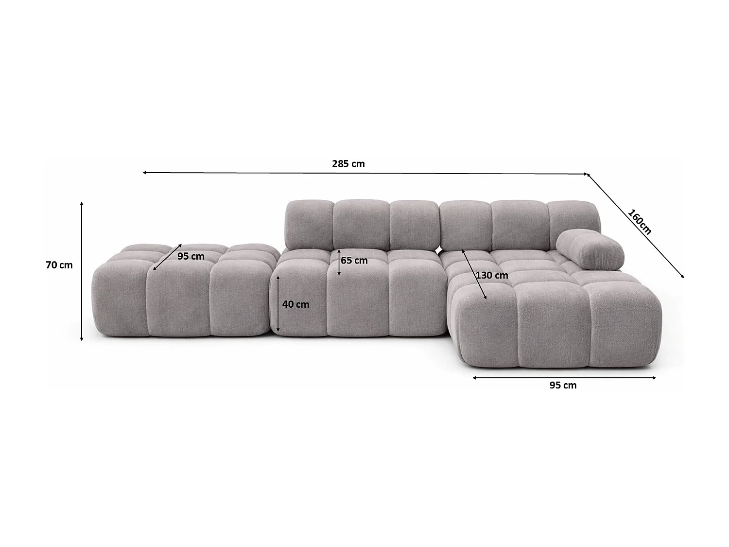 Ecksofa modular mit Hocker, Sofa L-Form, Veloursstoff Salvador, Grau, Rechts, Selia