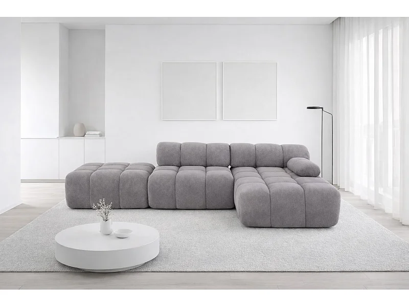 Ecksofa modular mit Hocker, Sofa L-Form, Veloursstoff Salvador, Grau, Rechts, Selia