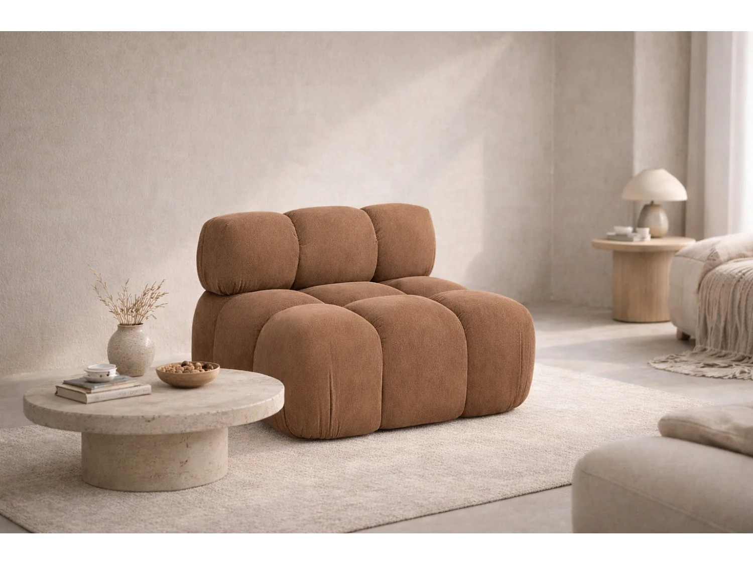 Modulo centrale autoportante moderno per sistema modulare, tessuto Salvador, Beige scuro, Selia