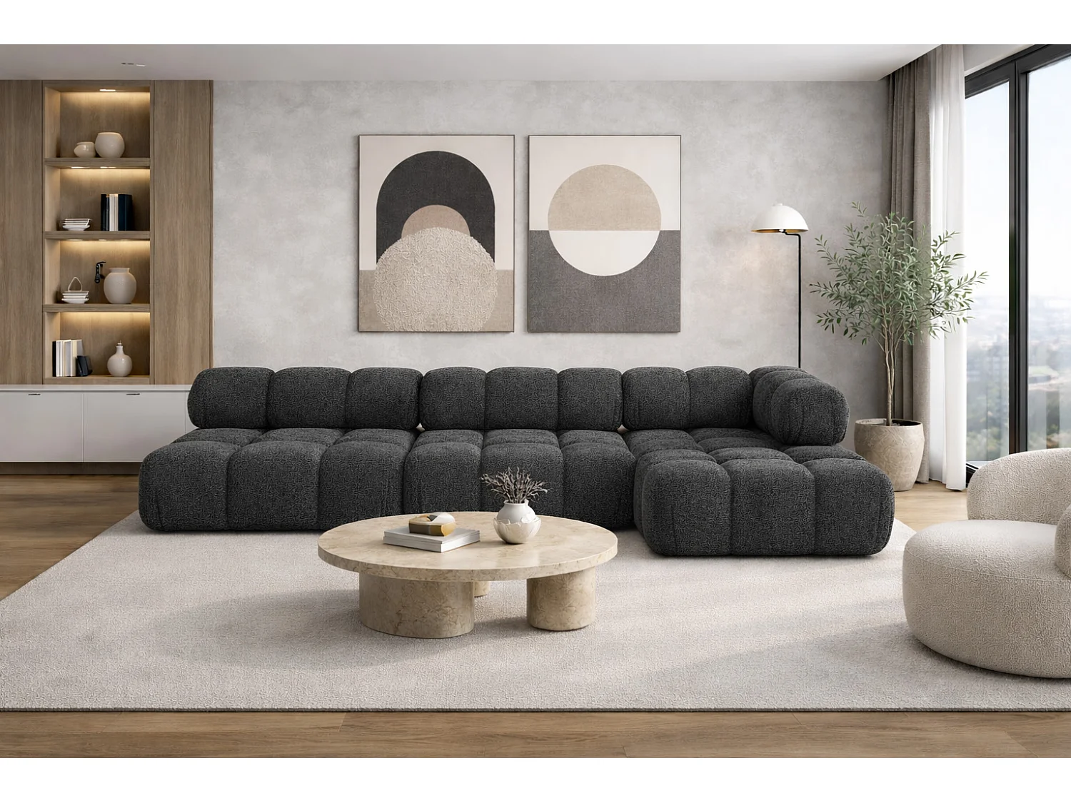 Ecksofa Modulare L-Form, Bouclé-Stoff Abriamo, Graphit, Rechts, Selia