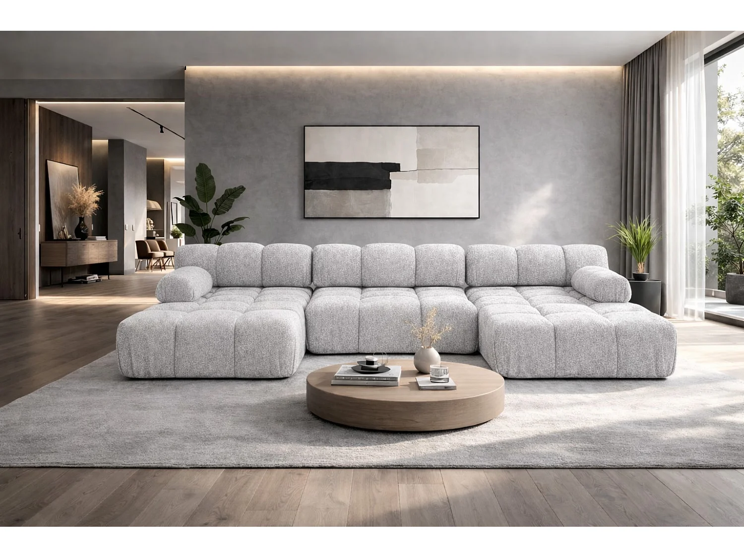 Ecksofa U-Form, Stoff Bouclé Abriamo, Hellgrau, Selia U