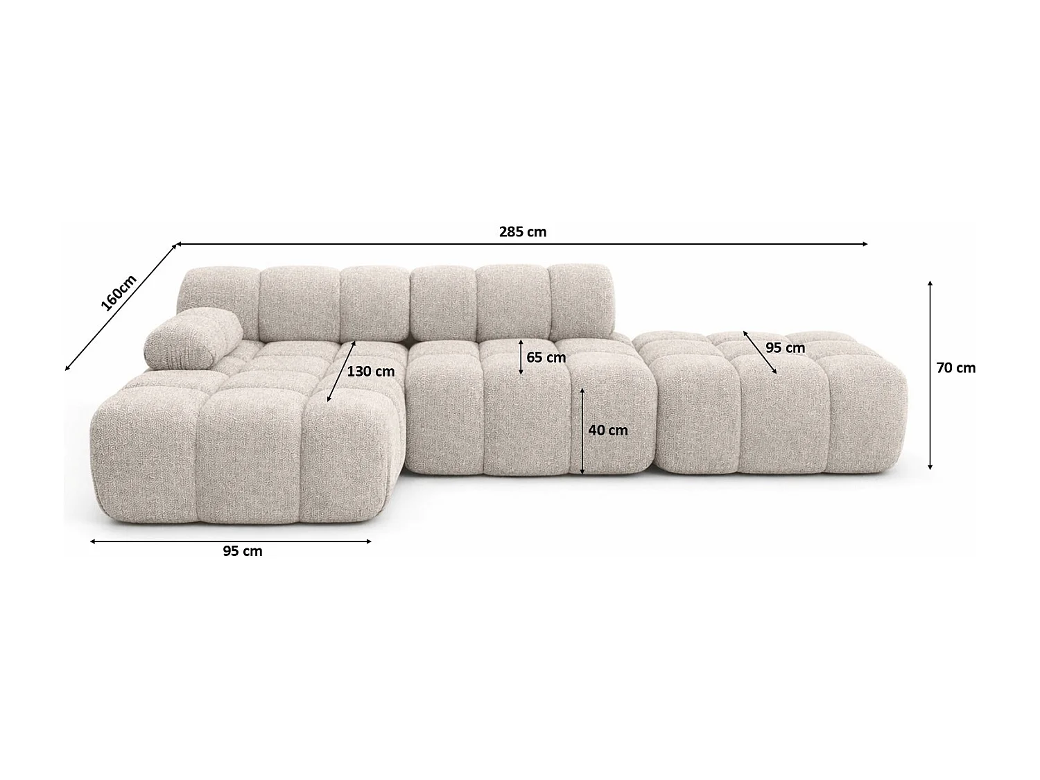 Ecksofa modular mit Hocker, Sofa L-Form, Bouclé-Stoff Abriamo, Beige, Links, Selia