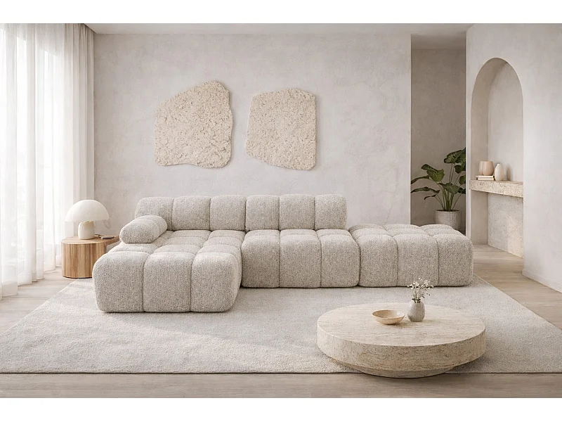 Ecksofa modular mit Hocker, Sofa L-Form, Bouclé-Stoff Abriamo, Beige, Links, Selia