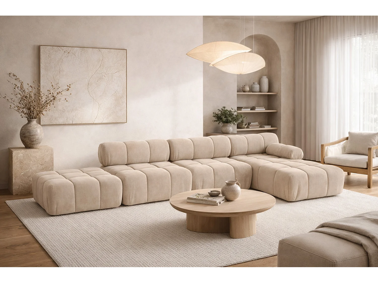 Divano angolare a L XL, tessuto velluto Salvador, Beige, Destra, Selia L XL