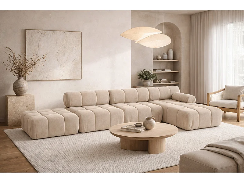 Narożnik modułowy w kształcie L, tkanina welur Salvador, Beżowy, Prawy, Selia L XL