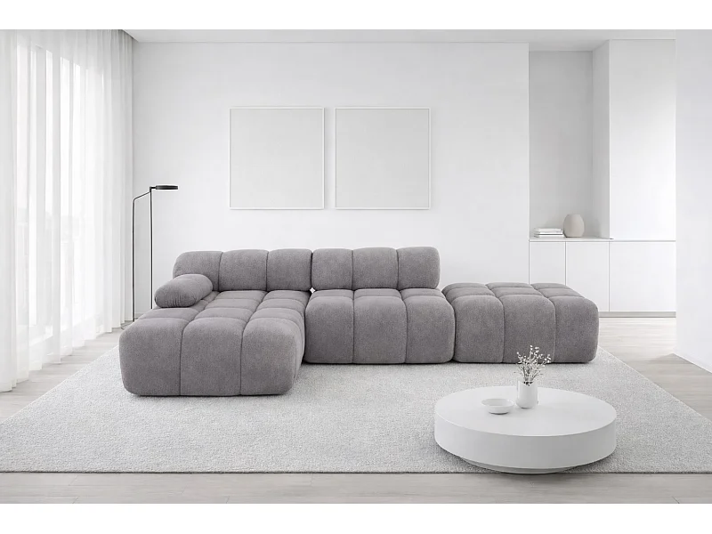 Ecksofa modular mit Hocker, Sofa L-Form, Veloursstoff Salvador, Grau, Links, Selia