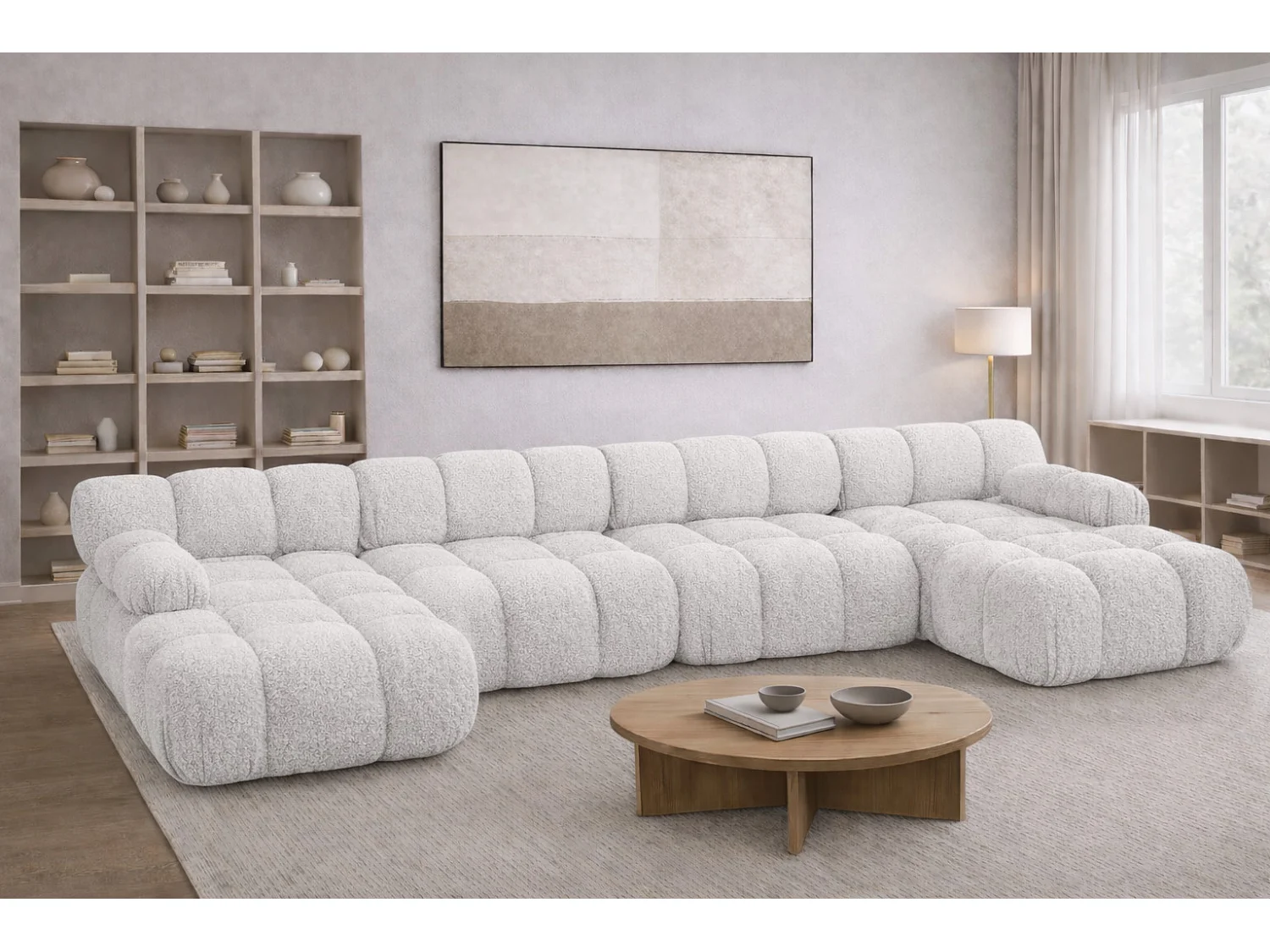 Narożnik modułowy w kształcie U XL, tkanina bukla Abriamo, Ecru, Selia U XL