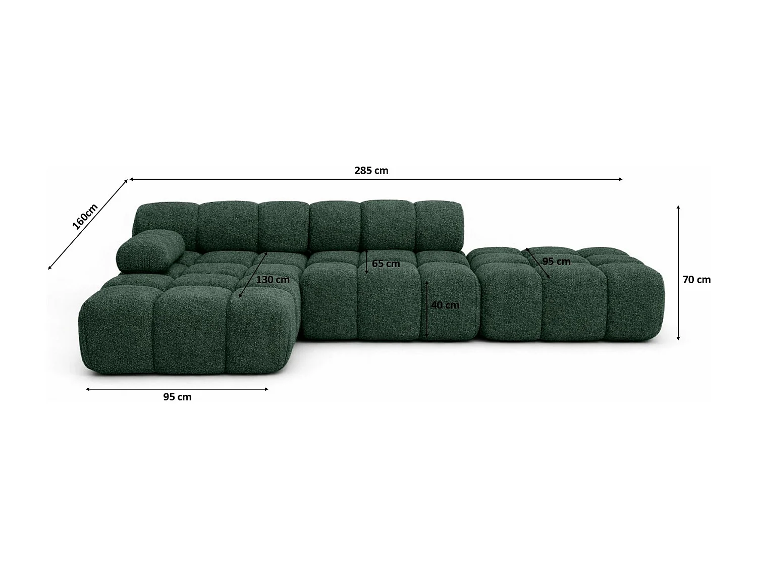 Ecksofa modular mit Hocker, Sofa L-Form, Bouclé-Stoff Abriamo, Dunkelgrün, Links, Selia
