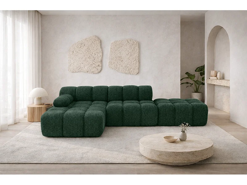 Hoekbank modulair met hocker, bank in L-vorm, bouclé stof Abriamo, donkergroen, links, Selia