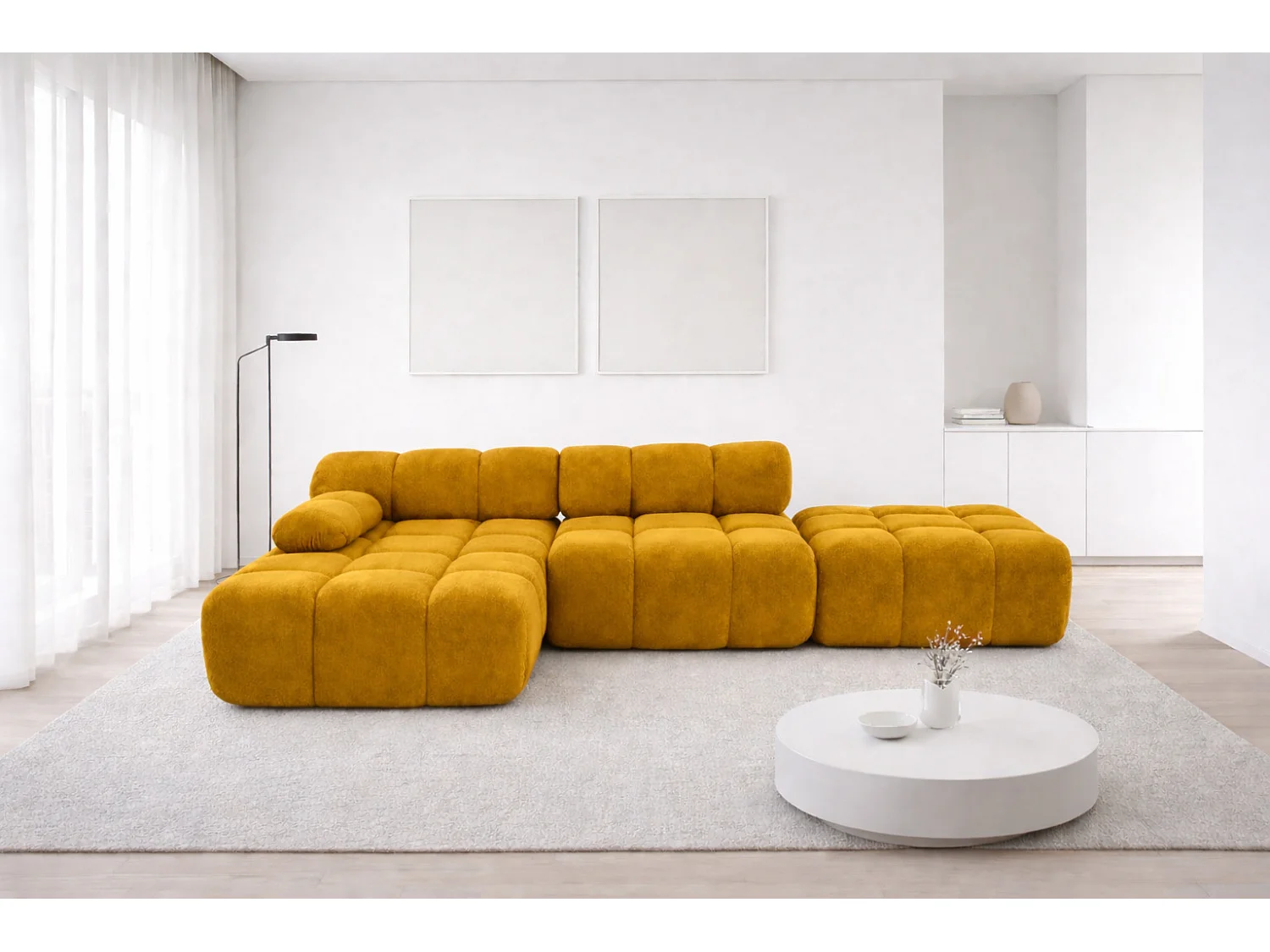 Ecksofa modular mit Hocker, Sofa L-Form, Veloursstoff Salvador, Gelb, Links, Selia