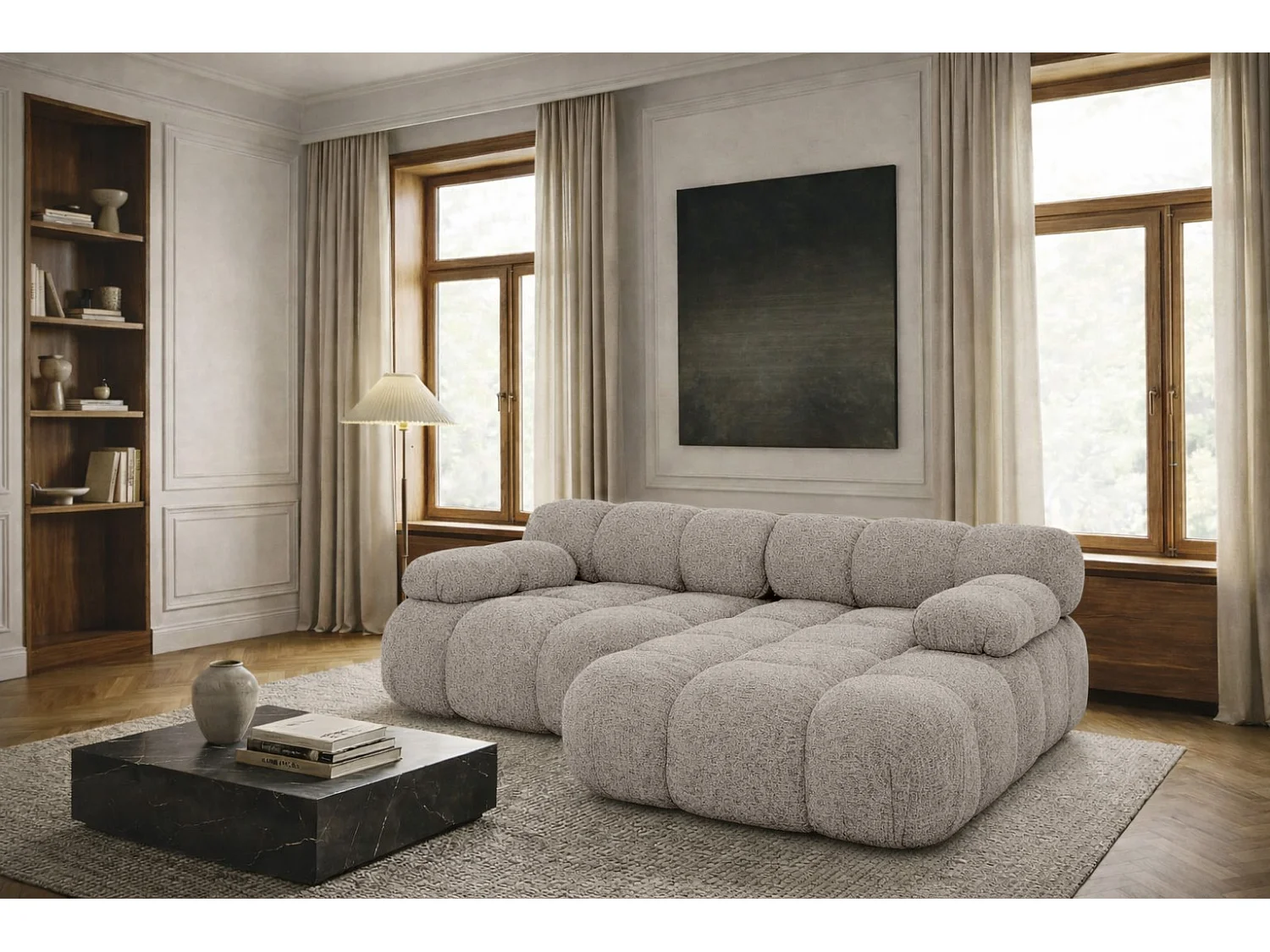 Ecksofa L-form Mini modular, Bouclé-Stoff Abriamo, Beige, Rechts, Selia