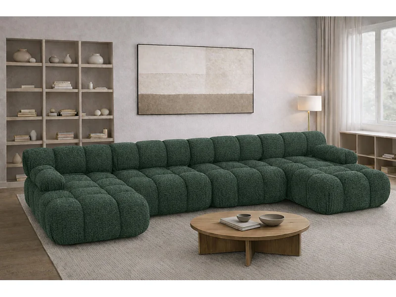 Narożnik modułowy w kształcie U XL, tkanina bukla Abriamo, Ciemnozielony, Selia U XL