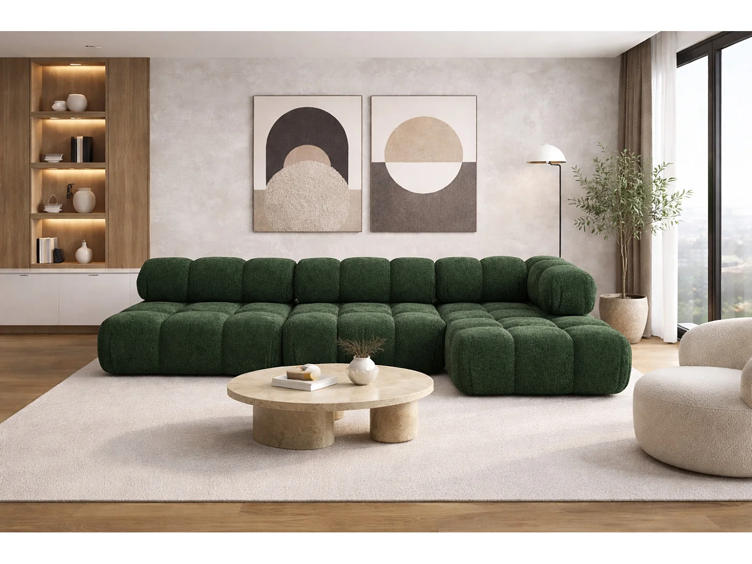 Ecksofa Modulare L-Form, Bouclé-Stoff Abriamo, Dunkelgrün, Rechts, Selia