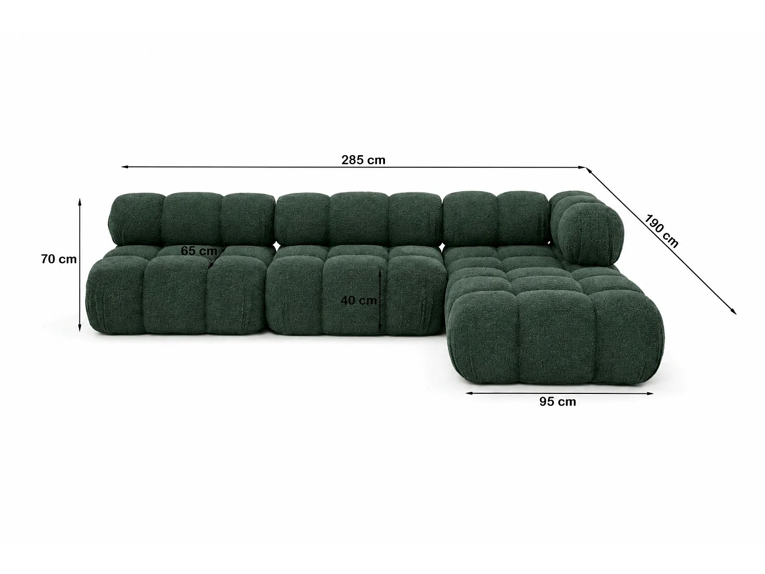Canapé d’angle modulaire en L, tissu bouclé Abriamo, Vert foncé, Droite, Selia