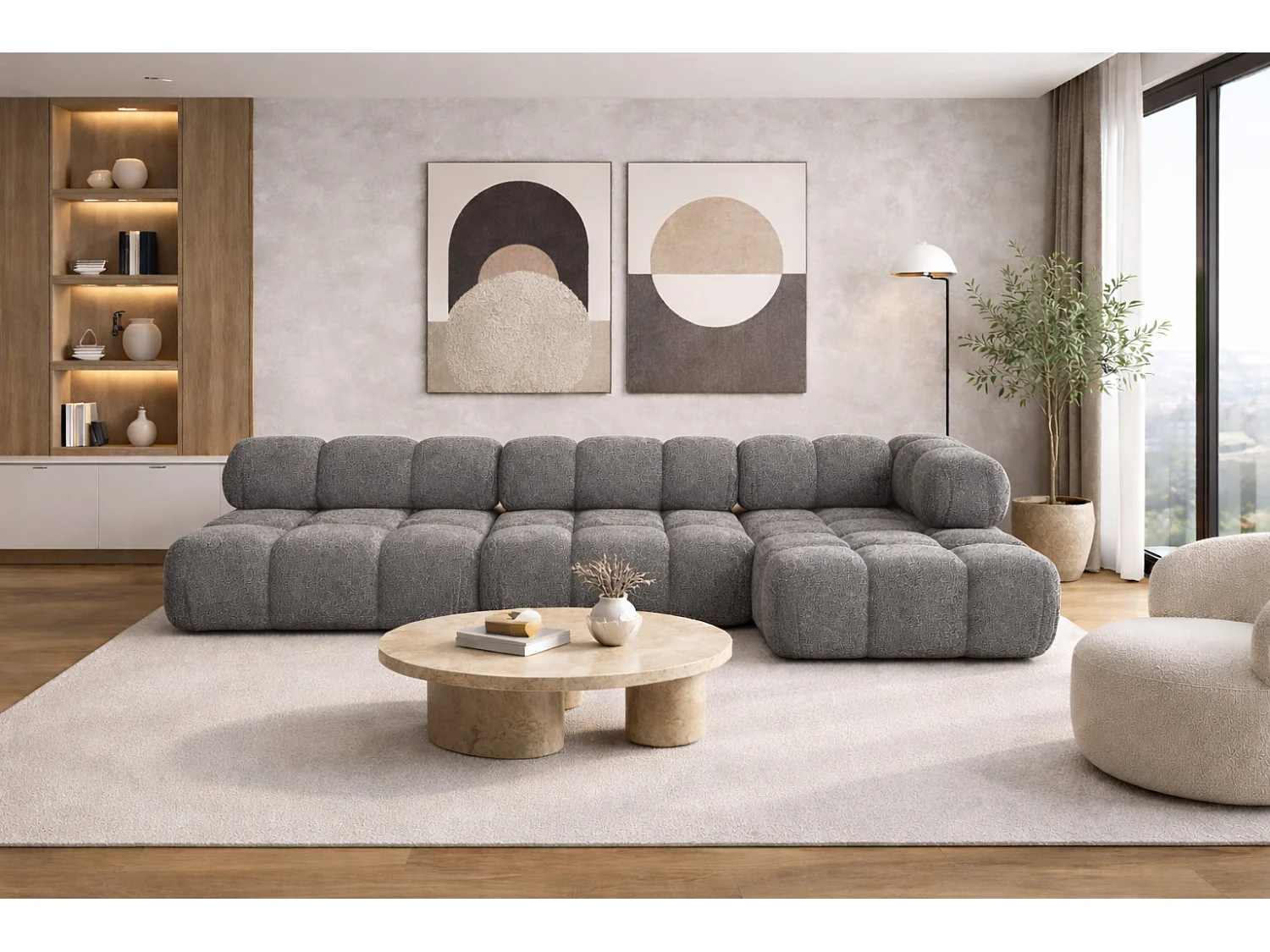 Ecksofa Modulare L-Form, Bouclé-Stoff Abriamo, Dunkelgrau, Rechts, Selia