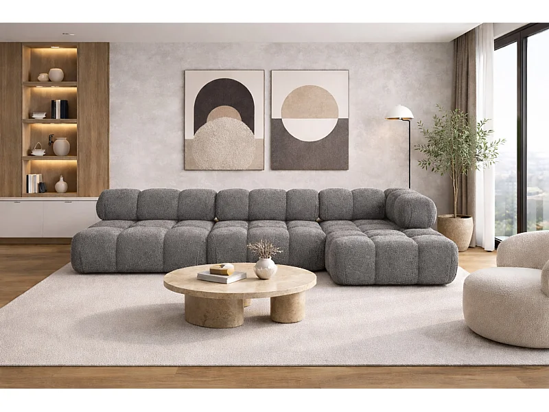Ecksofa Modulare L-Form, Bouclé-Stoff Abriamo, Dunkelgrau, Rechts, Selia