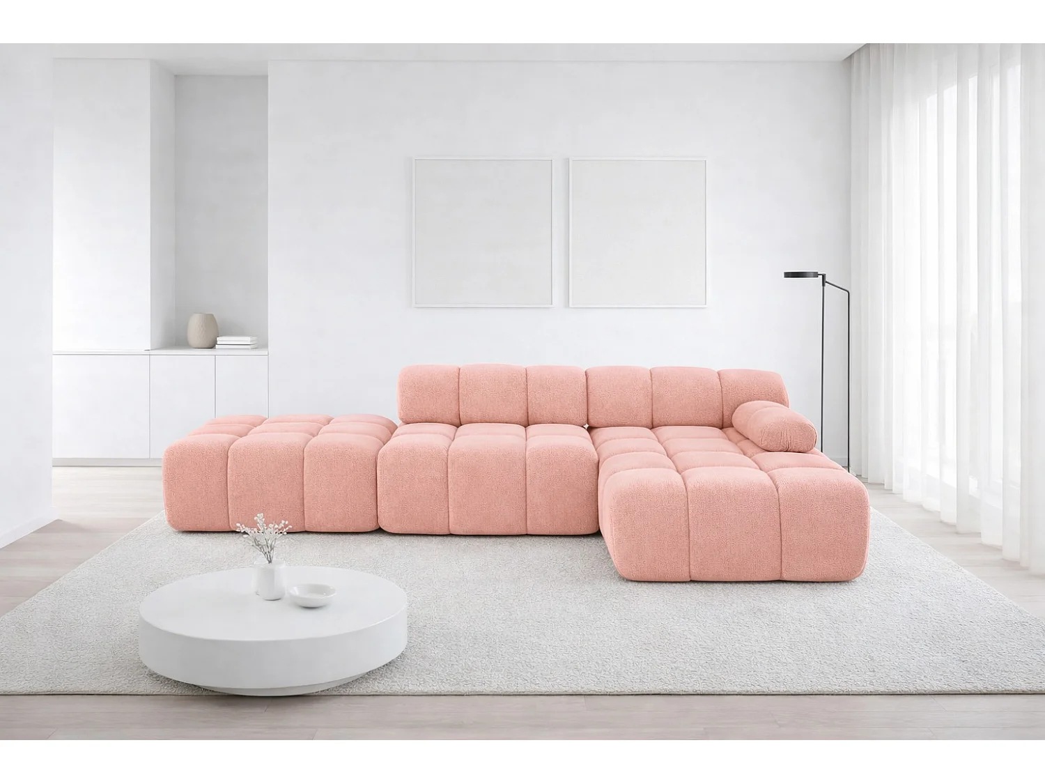 Ecksofa modular mit Hocker, Sofa L-Form, Veloursstoff Salvador, Rosa, Rechts, Selia