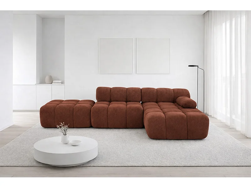 Ecksofa modular mit Hocker, Sofa L-Form, Veloursstoff Salvador, Dunkelbraun, Rechts, Selia