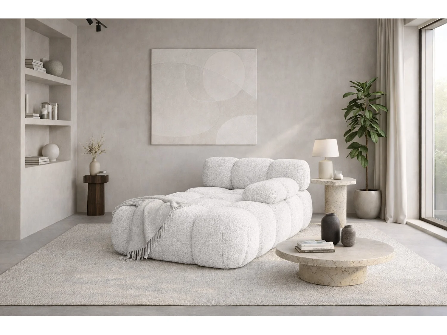 Chaiselongue modular, Bouclé-Stoff Abriamo, Ecru, Rechts, Selia