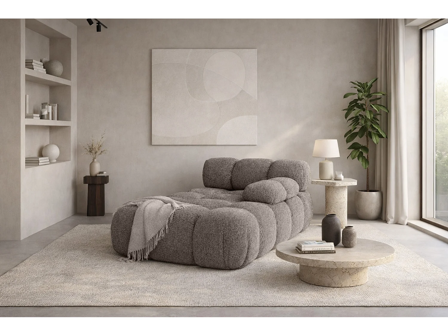 Chaiselongue modular, Bouclé-Stoff Abriamo, Braun, Rechts, Selia