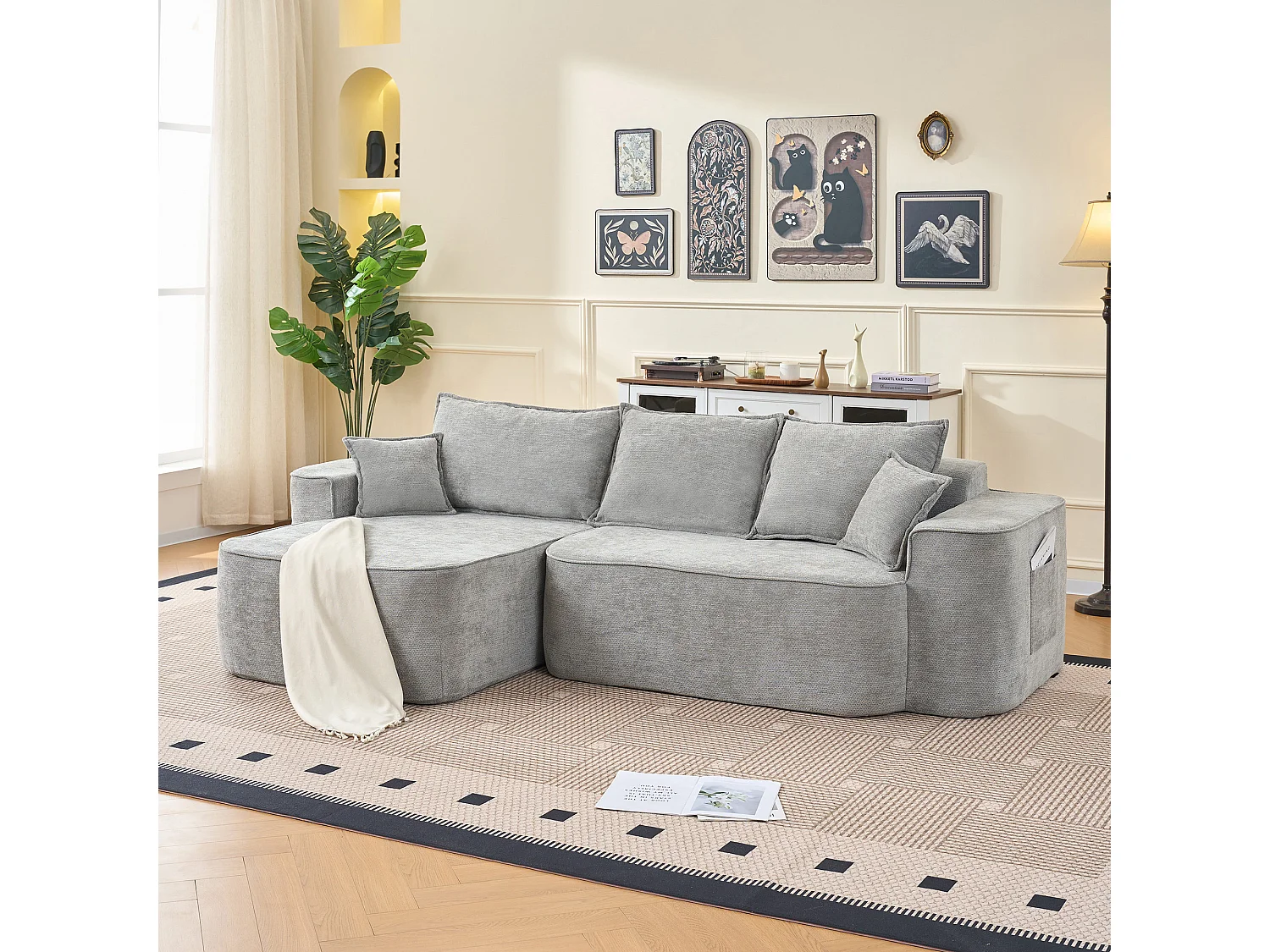 Canapé d'angle gauche modulable - en Chenille Gris - avec 3 coussins et 2 oreillers - 262x144x65cm