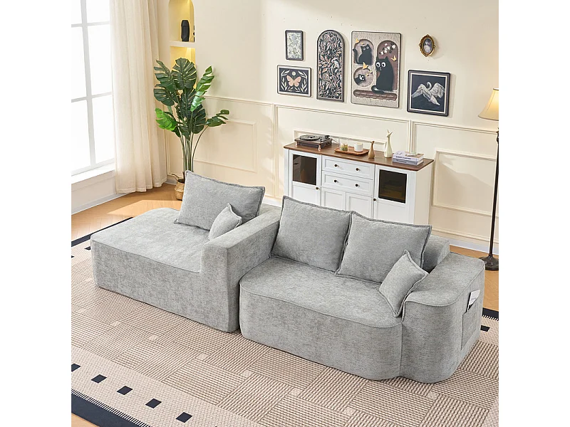Canapé d'angle gauche modulable - en Chenille Gris - avec 3 coussins et 2 oreillers - 262x144x65cm