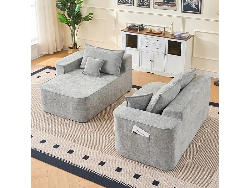 Canapé d'angle gauche modulable - en Chenille Gris - avec 3 coussins et 2 oreillers - 262x144x65cm