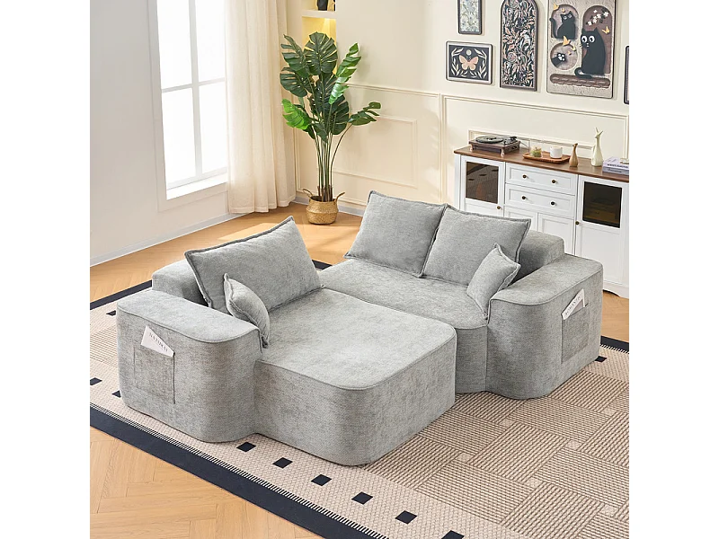 Canapé d'angle gauche modulable - en Chenille Gris - avec 3 coussins et 2 oreillers - 262x144x65cm