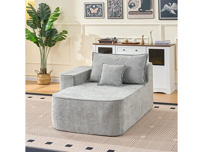 Canapé d'angle gauche modulable - en Chenille Gris - avec 3 coussins et 2 oreillers - 262x144x65cm