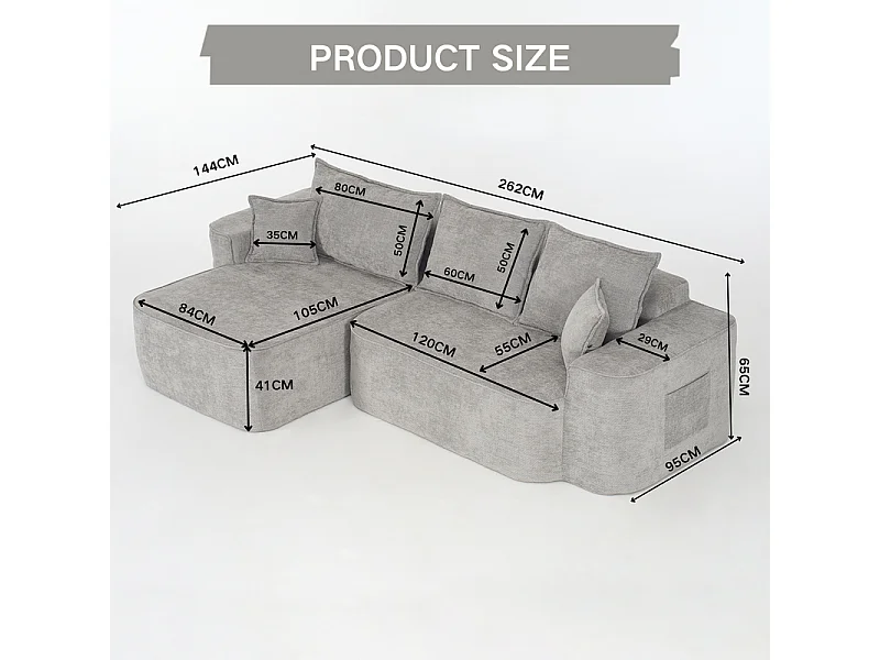 Canapé d'angle gauche modulable - en Chenille Gris - avec 3 coussins et 2 oreillers - 262x144x65cm