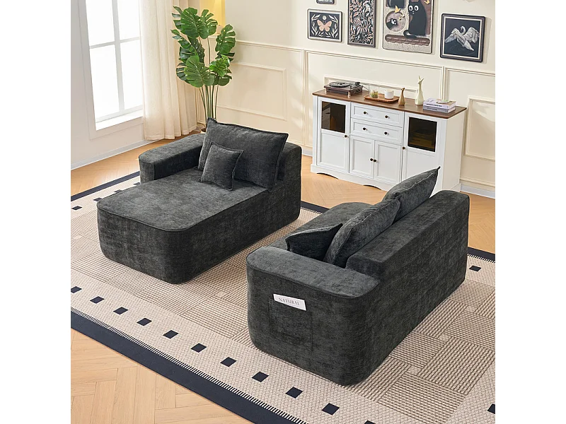 Canapé d'angle gauche modulable - en Chenille Noir - avec 3 coussins et 2 oreillers - 262x144x65cm