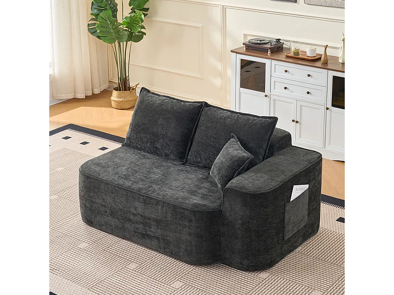 Canapé d'angle gauche modulable - en Chenille Noir - avec 3 coussins et 2 oreillers - 262x144x65cm