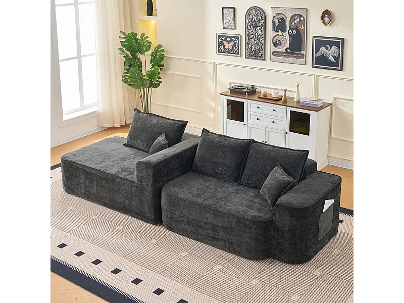 Canapé d'angle gauche modulable - en Chenille Noir - avec 3 coussins et 2 oreillers - 262x144x65cm