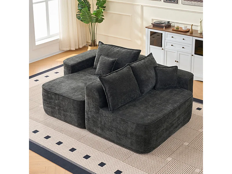 Canapé d'angle gauche modulable - en Chenille Noir - avec 3 coussins et 2 oreillers - 262x144x65cm
