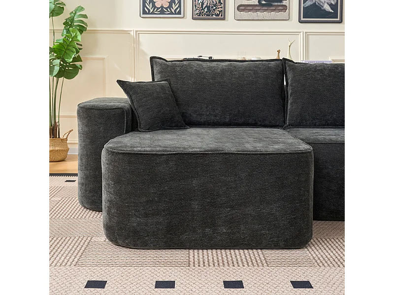 Canapé d'angle gauche modulable - en Chenille Noir - avec 3 coussins et 2 oreillers - 262x144x65cm