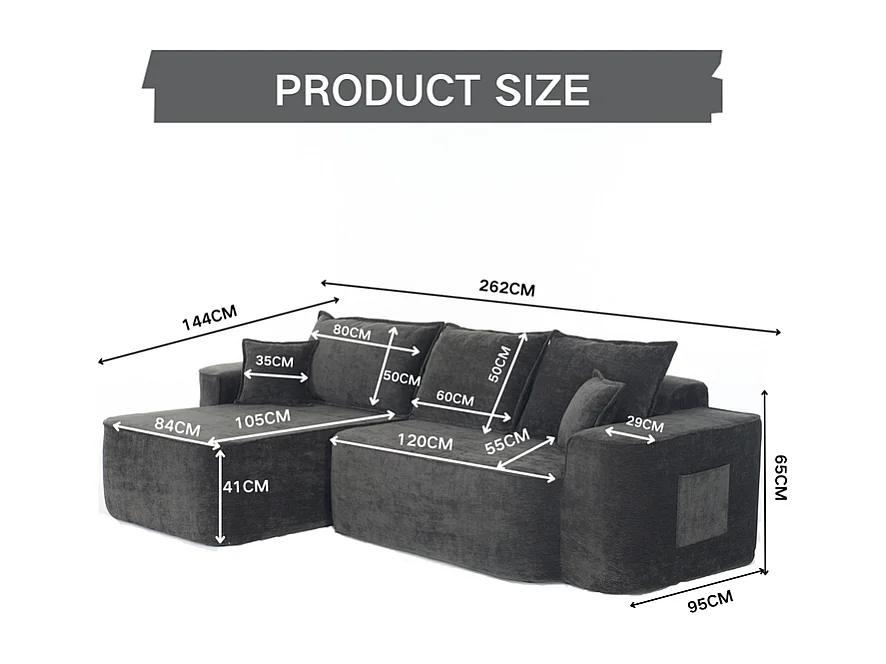 Canapé d'angle gauche modulable - en Chenille Noir - avec 3 coussins et 2 oreillers - 262x144x65cm