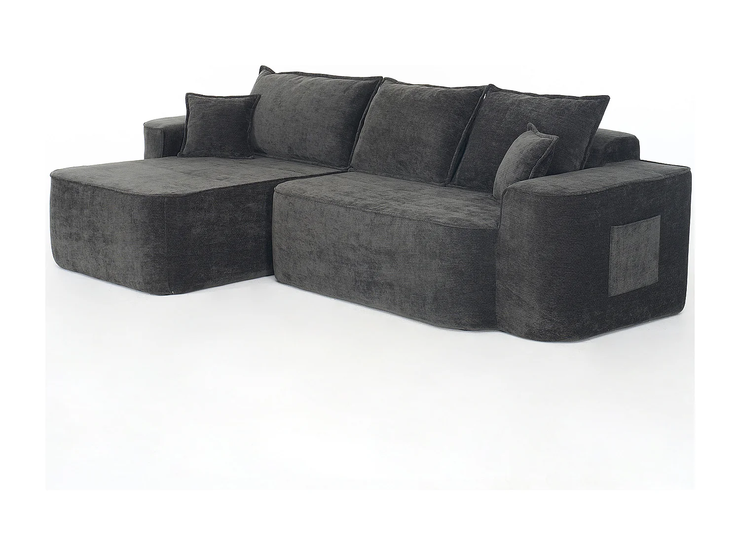 Canapé d'angle gauche modulable - en Chenille Noir - avec 3 coussins et 2 oreillers - 262x144x65cm