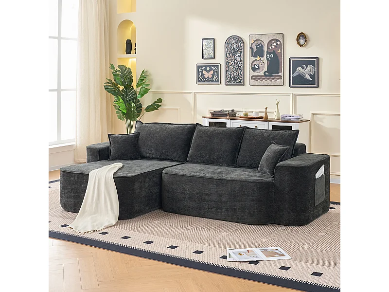 Modulares Ecksofa links - Chenille Schwarz - 3 Sitzkissen und 2 Zierkissen - 262x144x65cm