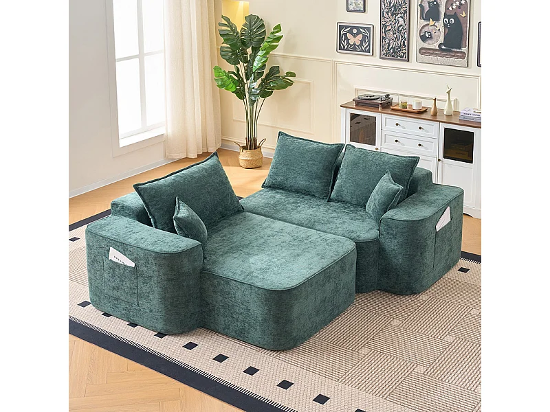 Canapé d'angle gauche modulable - en Chenille Vert - avec 3 coussins et 2 oreillers - 262x144x65cm