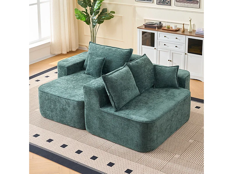 Canapé d'angle gauche modulable - en Chenille Vert - avec 3 coussins et 2 oreillers - 262x144x65cm