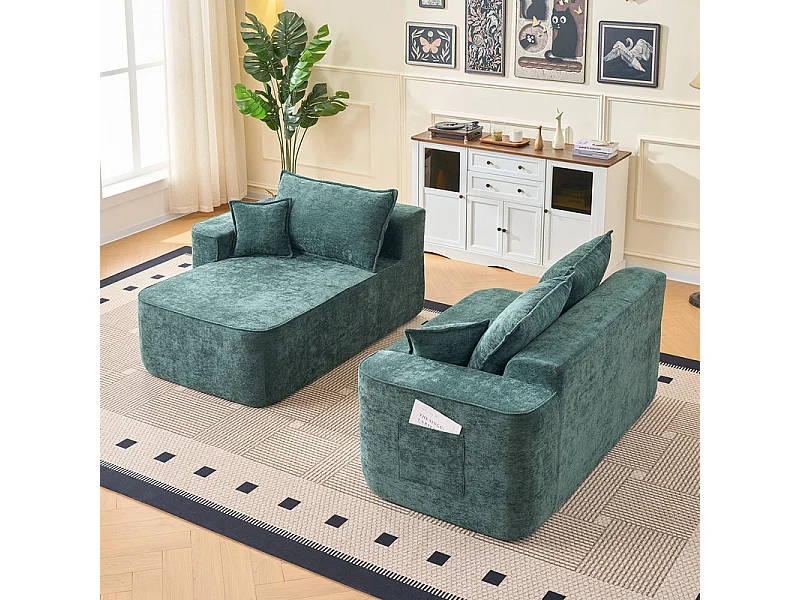 Canapé d'angle gauche modulable - en Chenille Vert - avec 3 coussins et 2 oreillers - 262x144x65cm