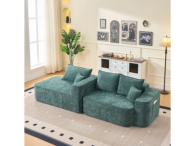Canapé d'angle gauche modulable - en Chenille Vert - avec 3 coussins et 2 oreillers - 262x144x65cm