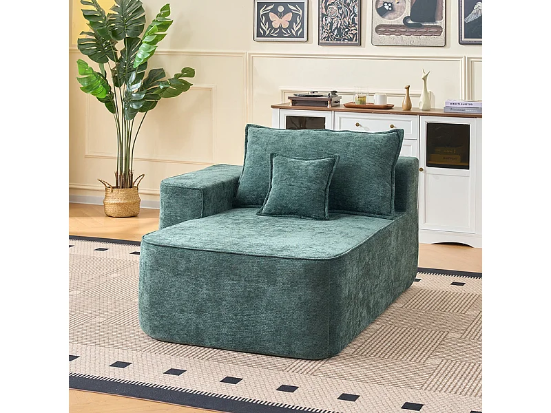 Canapé d'angle gauche modulable - en Chenille Vert - avec 3 coussins et 2 oreillers - 262x144x65cm
