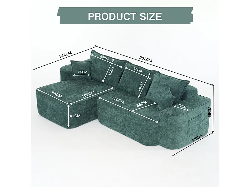 Canapé d'angle gauche modulable - en Chenille Vert - avec 3 coussins et 2 oreillers - 262x144x65cm