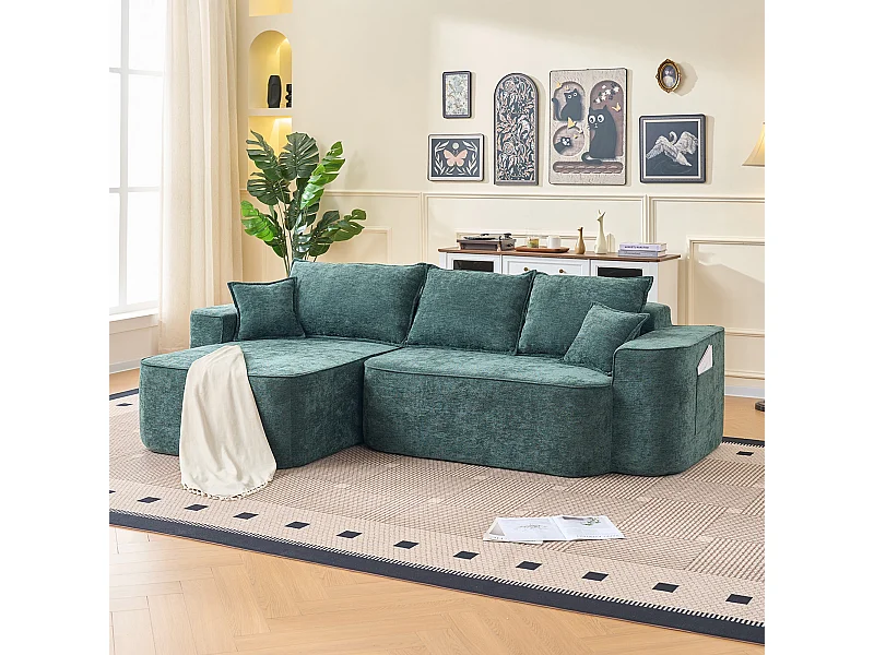 Sofá modular ángulo izquierdo - Chenilla Verde - 3 cojines y 2 orejeros - 262x144x65cm