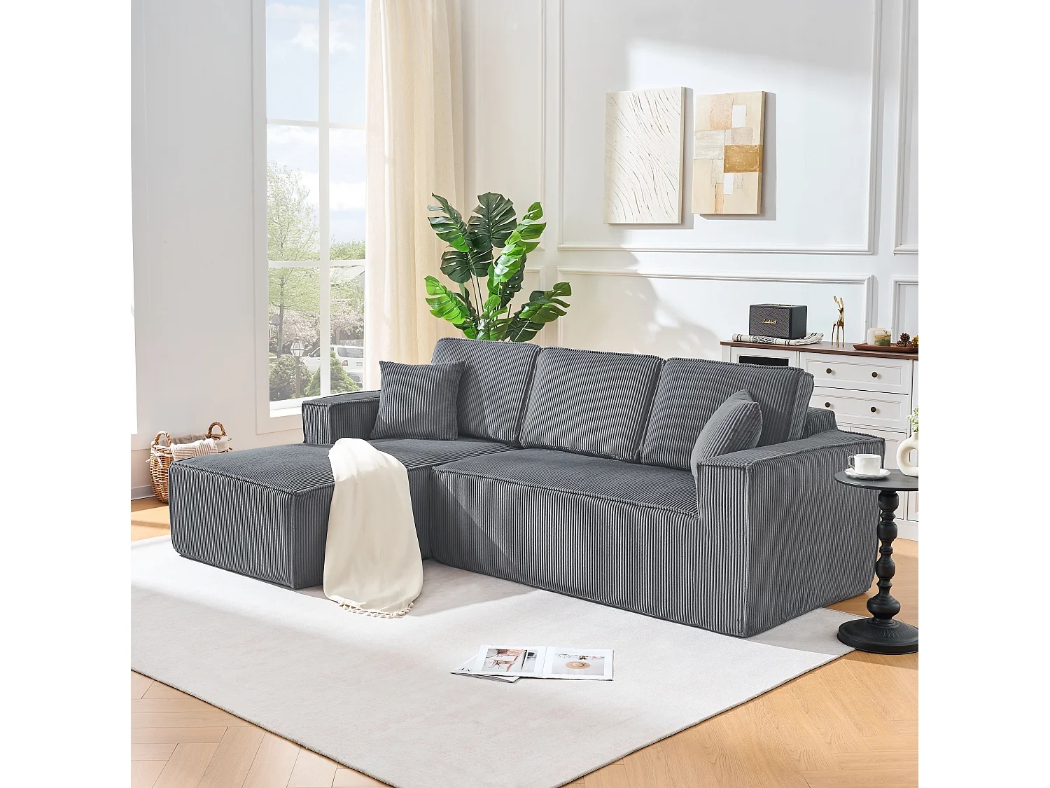 Canapé d'angle gauche modulable, en Velours côtelé, avec 2 oreillers et 128cm méridienne, Gris