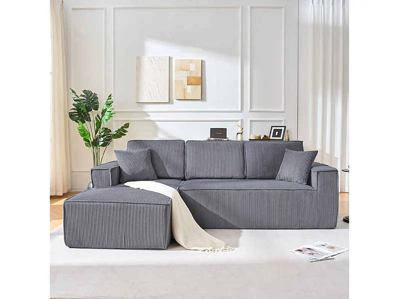 Canapé d'angle gauche modulable, en Velours côtelé, avec 2 oreillers et 128cm méridienne, Gris