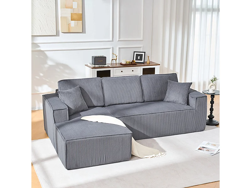 Canapé d'angle gauche modulable, en Velours côtelé, avec 2 oreillers et 128cm méridienne, Gris